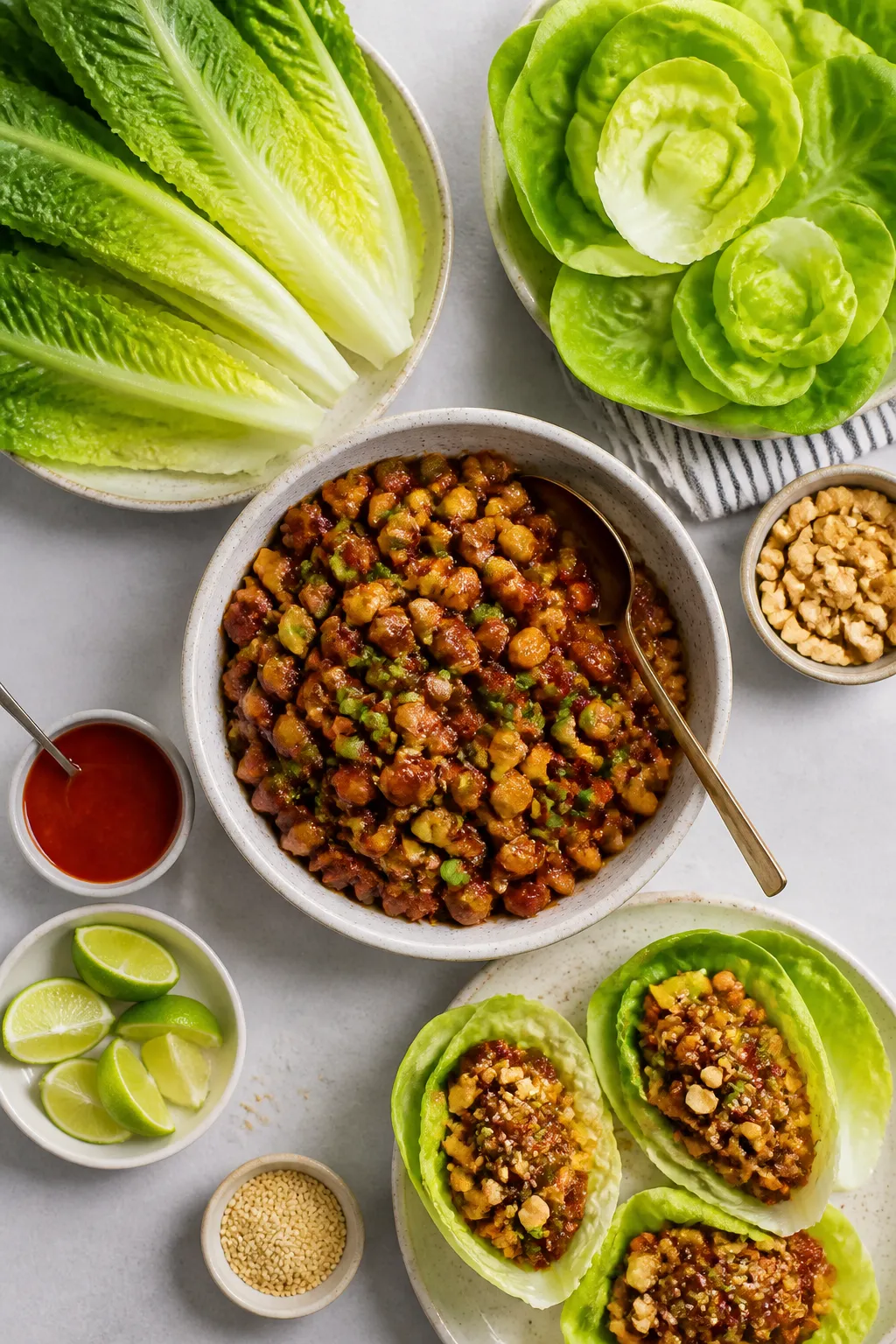 Tasty top view: Overhead shot of a DIY lettuce wrap spread for serving—bowl of hot, glossy chicken