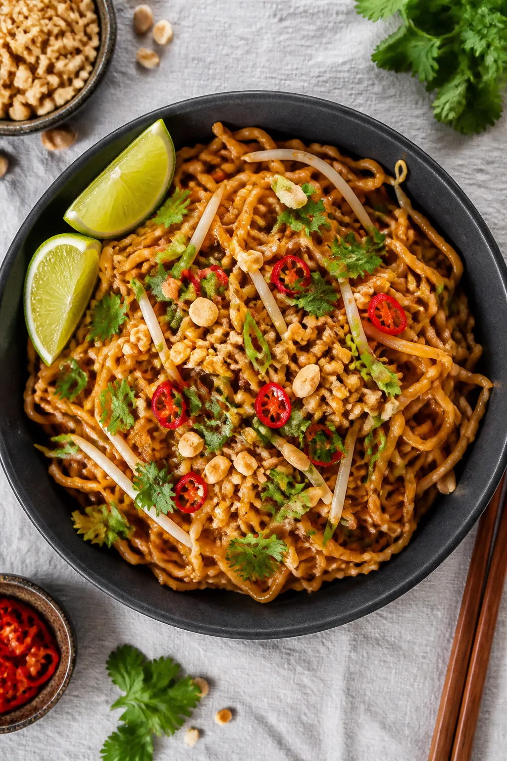 Tasty top view: Overhead shot of a finished bowl of Ramen Noodle Pad Thai, piled high and saucy; top