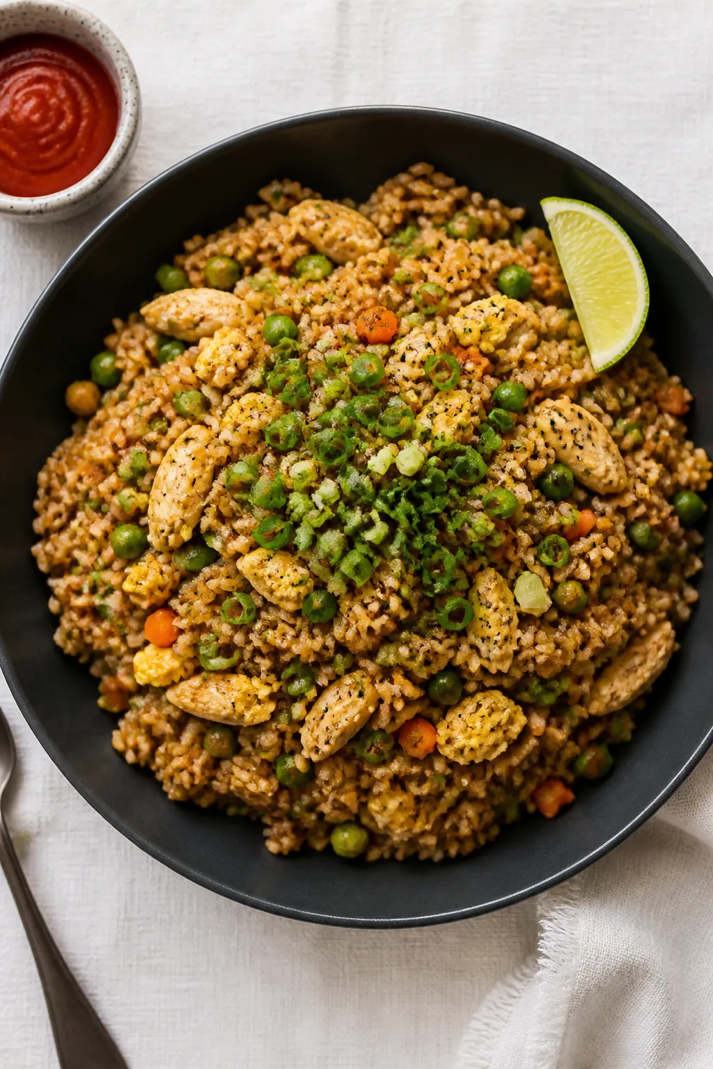 Tasty top view: Overhead shot of a heaping bowl of 30-Minute Chicken Fried Rice served in a wide mat