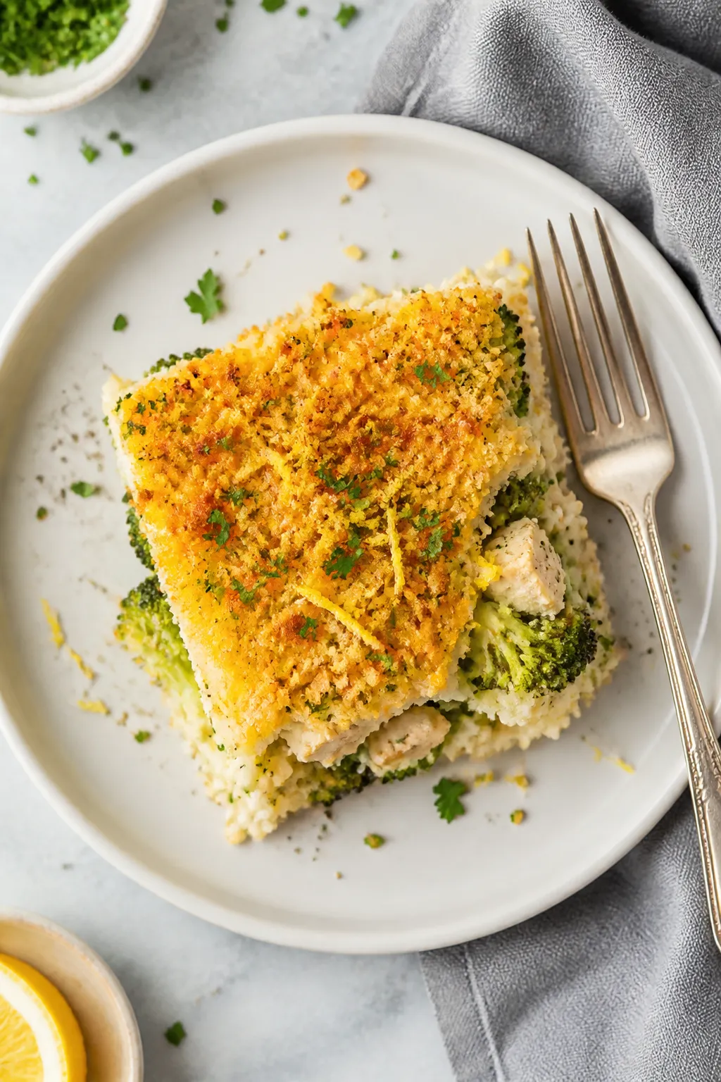 Tasty top view: Overhead shot of a plated serving of Cheesy Chicken Broccoli Rice Bake—square slic