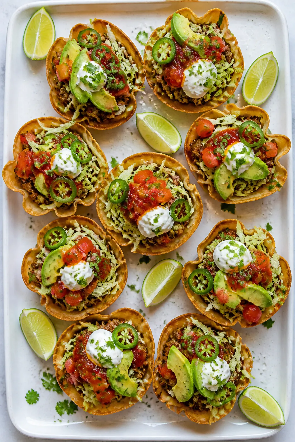 Tasty top view: Overhead shot of a platter of fully dressed air fryer ground chicken taco cups arran