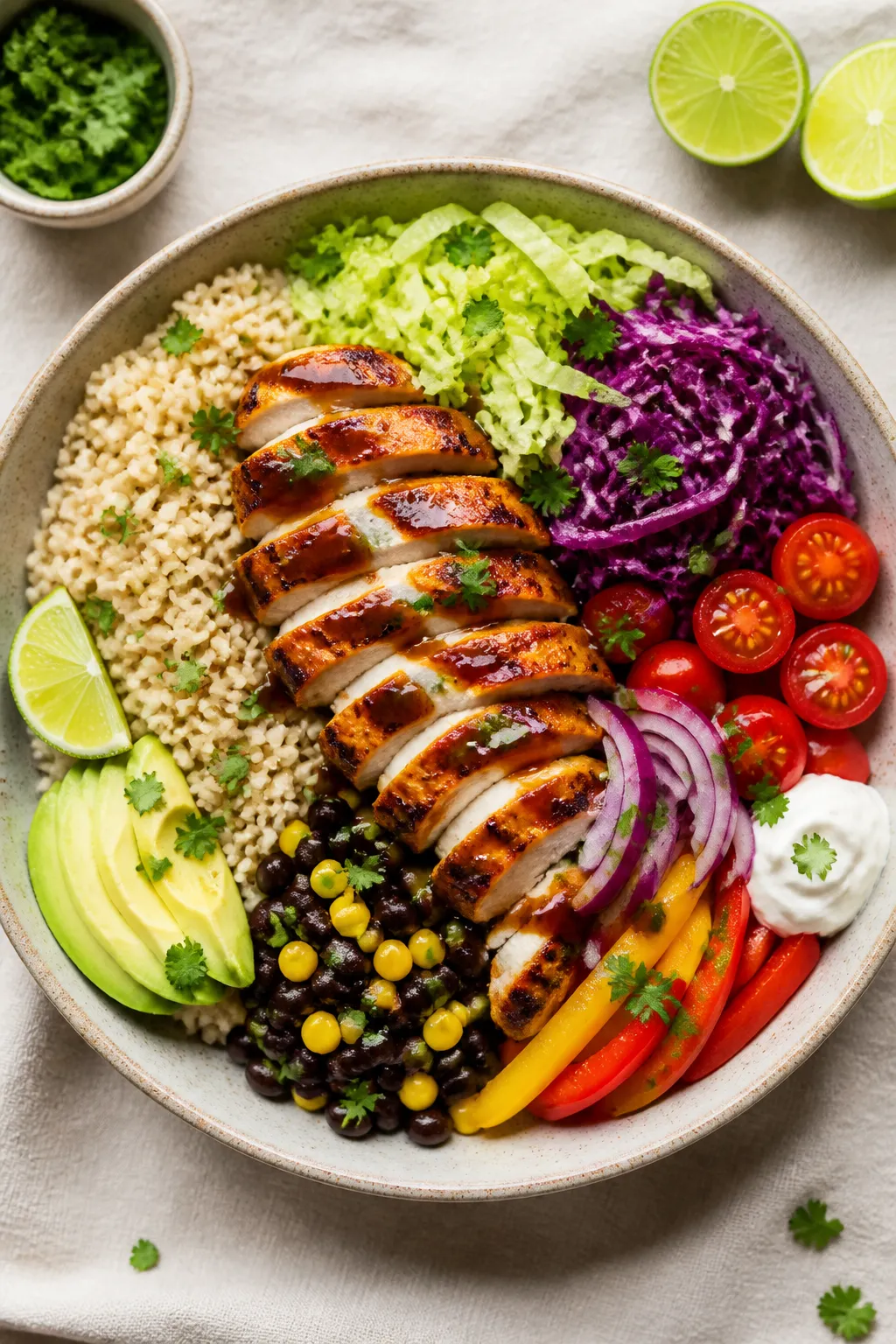 Tasty top view: Overhead shot of a Protein Packed BBQ Chicken Bowl assembled for meal prep—fluffy 