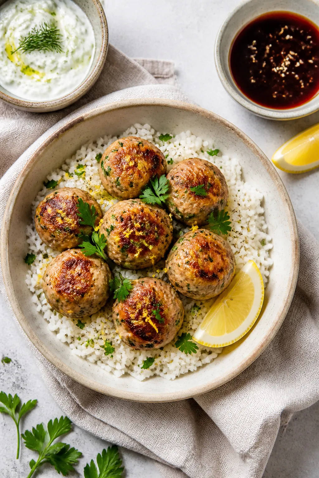 Tasty top view: Overhead shot of a rice bowl topped with golden-baked chicken meatballs (golf-ball s