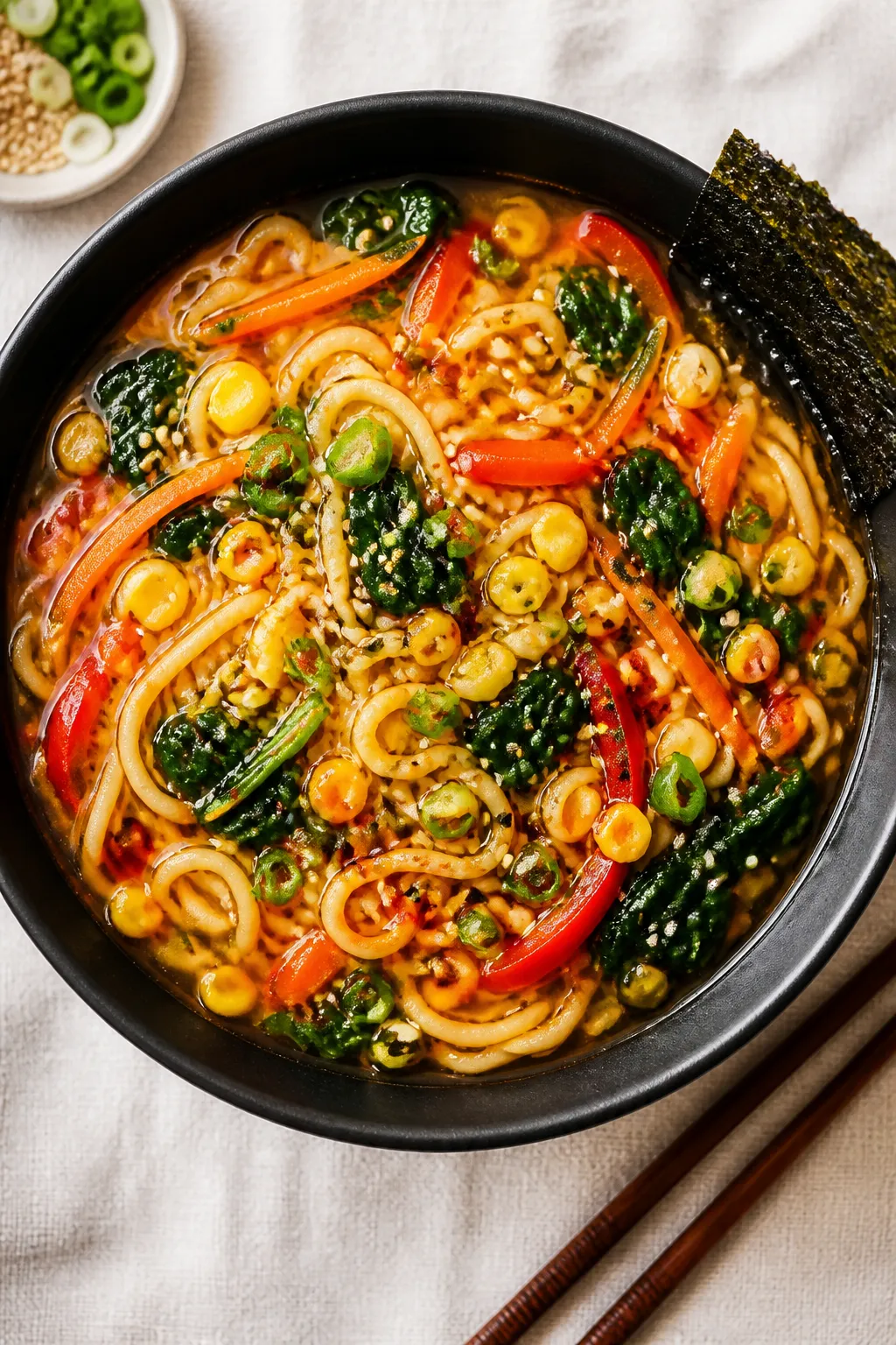 Tasty top view: Overhead shot of a vibrant vegetable ramen bowl just finished in the pot—bouncy ra