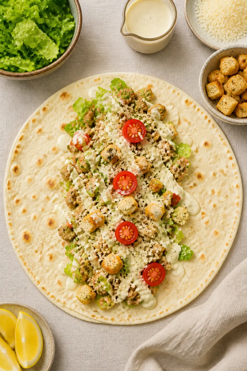 Tasty top view: Overhead shot of a warm flour tortilla being assembled with a neat line of creamy Ca