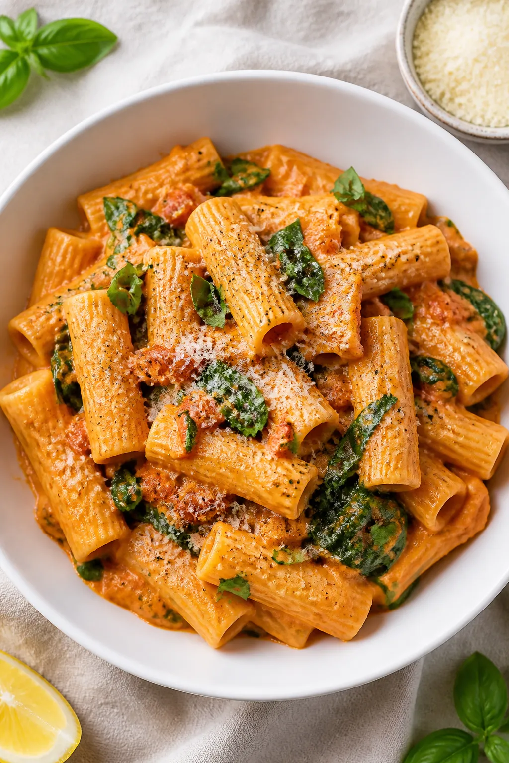 Tasty top view: Overhead shot of al dente rigatoni tossed in a creamy tomato sauce made with Greek y
