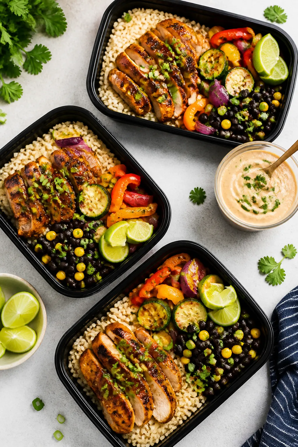 Tasty top view: Overhead shot of assembled BBQ Chicken Meal Prep Bowls in compartment-style containe