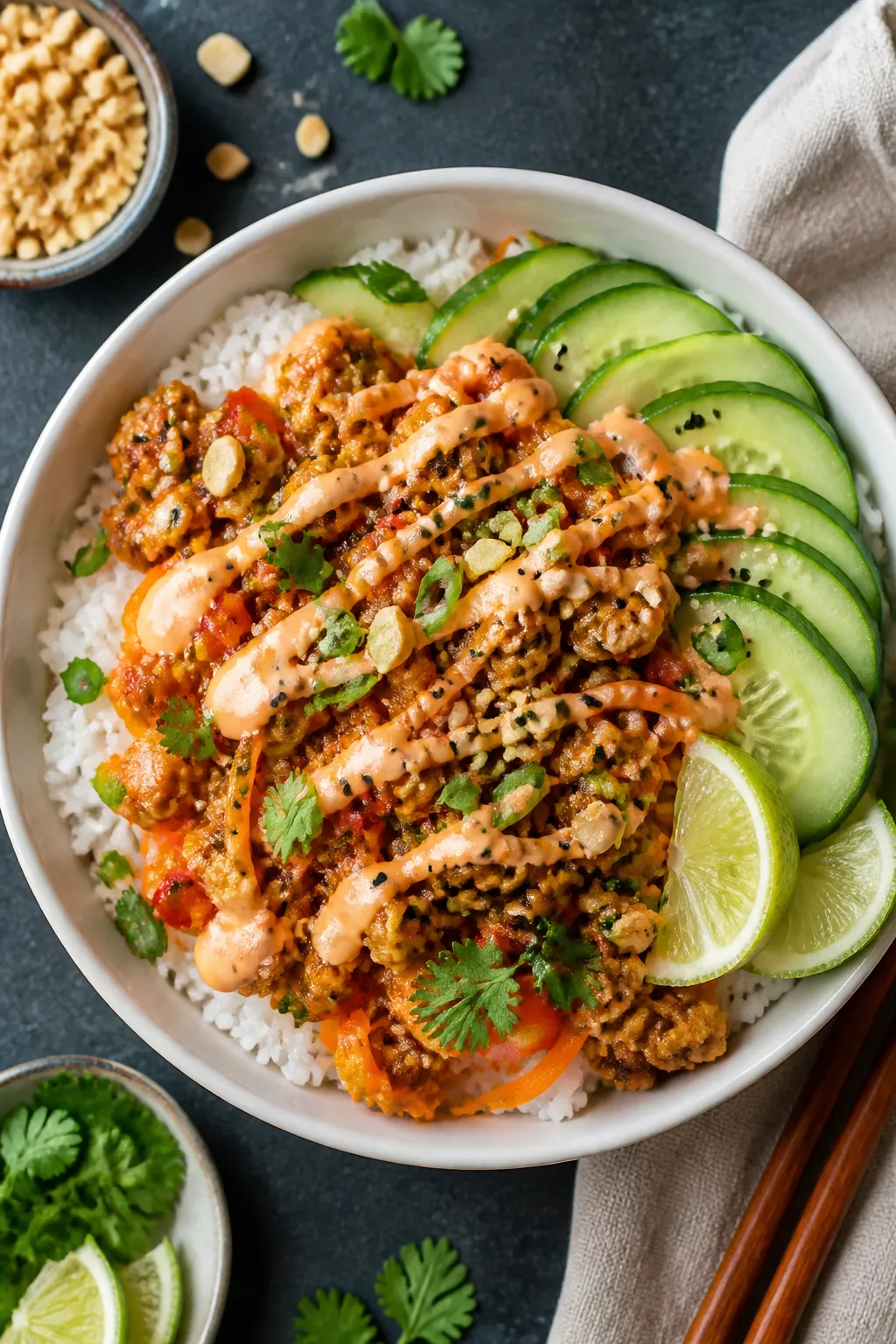 Tasty top view: Overhead shot of assembled Ground Chicken Bang Bang Rice Bowls—fluffy jasmine rice