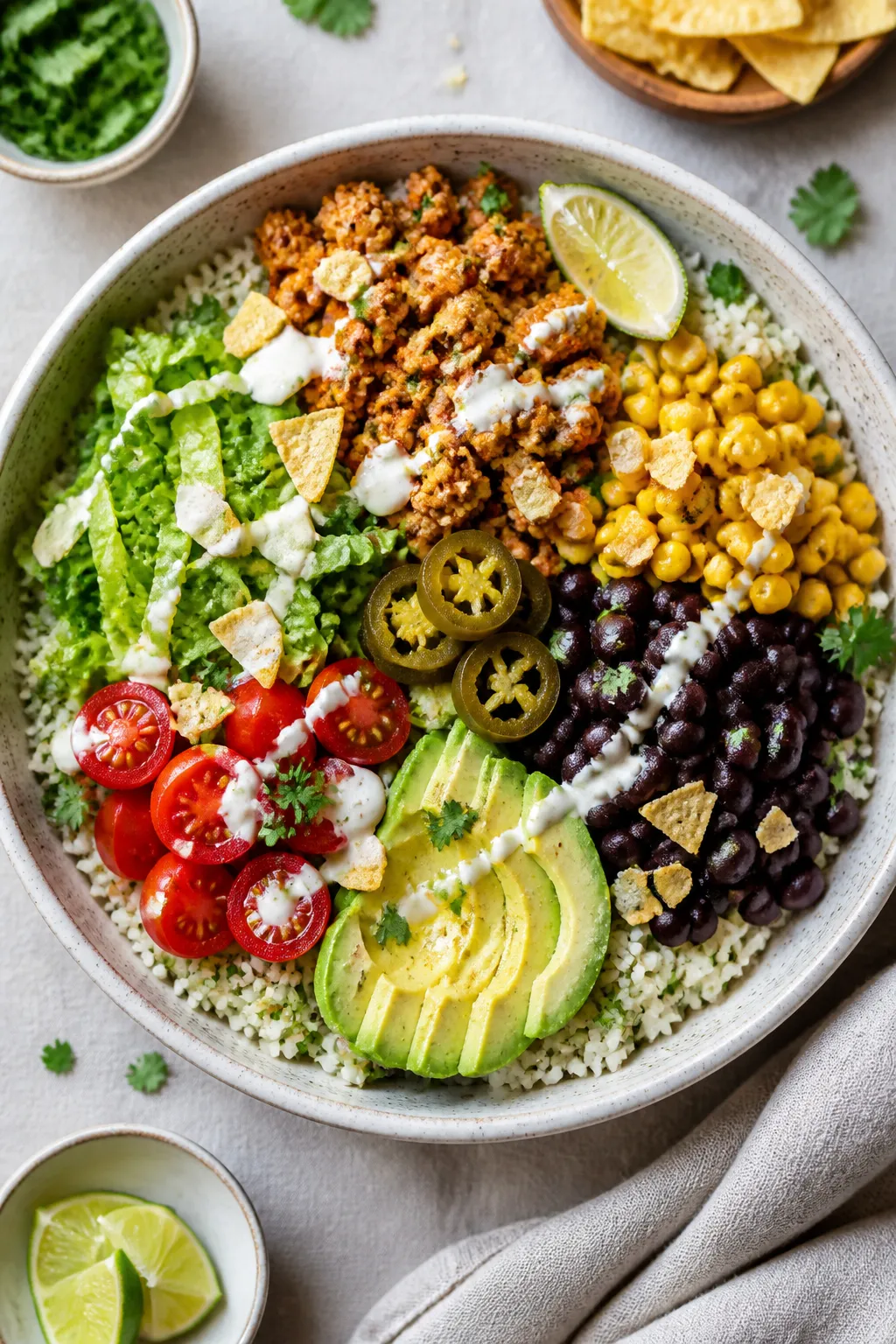 Tasty top view: Overhead shot of assembled Ground Chicken Southwest Bowls on a matte ceramic bowl wi