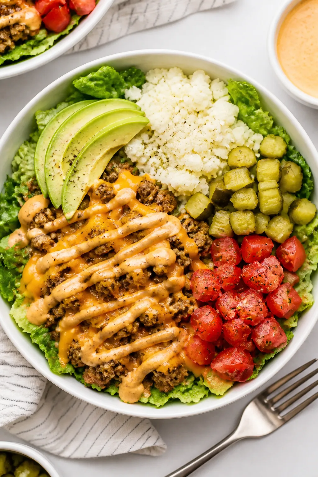 Tasty top view: Overhead shot of assembled High Protein Cheeseburger Bowls in wide, shallow white bo