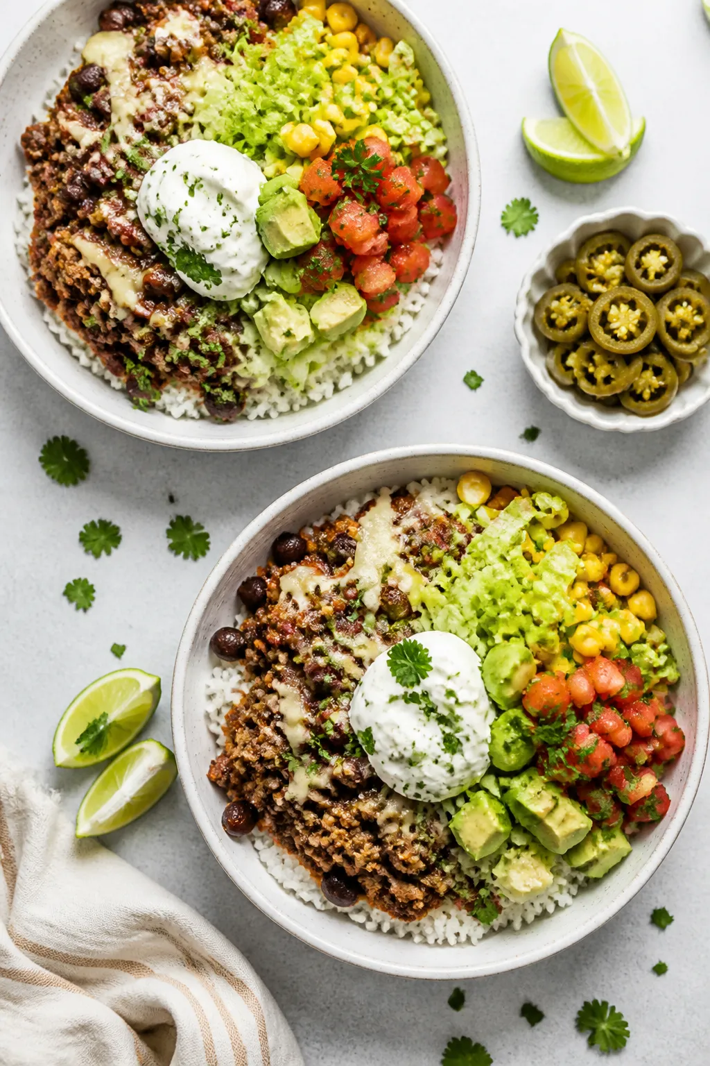 Tasty top view: overhead shot of assembled high-protein taco rice bowls—fluffy jasmine rice topped