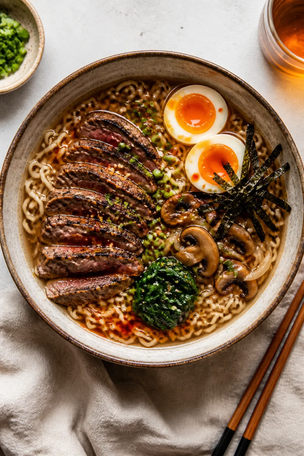 Tasty top view: Overhead shot of assembled Korean BBQ Beef Ramen in a wide ceramic bowl—springy ra
