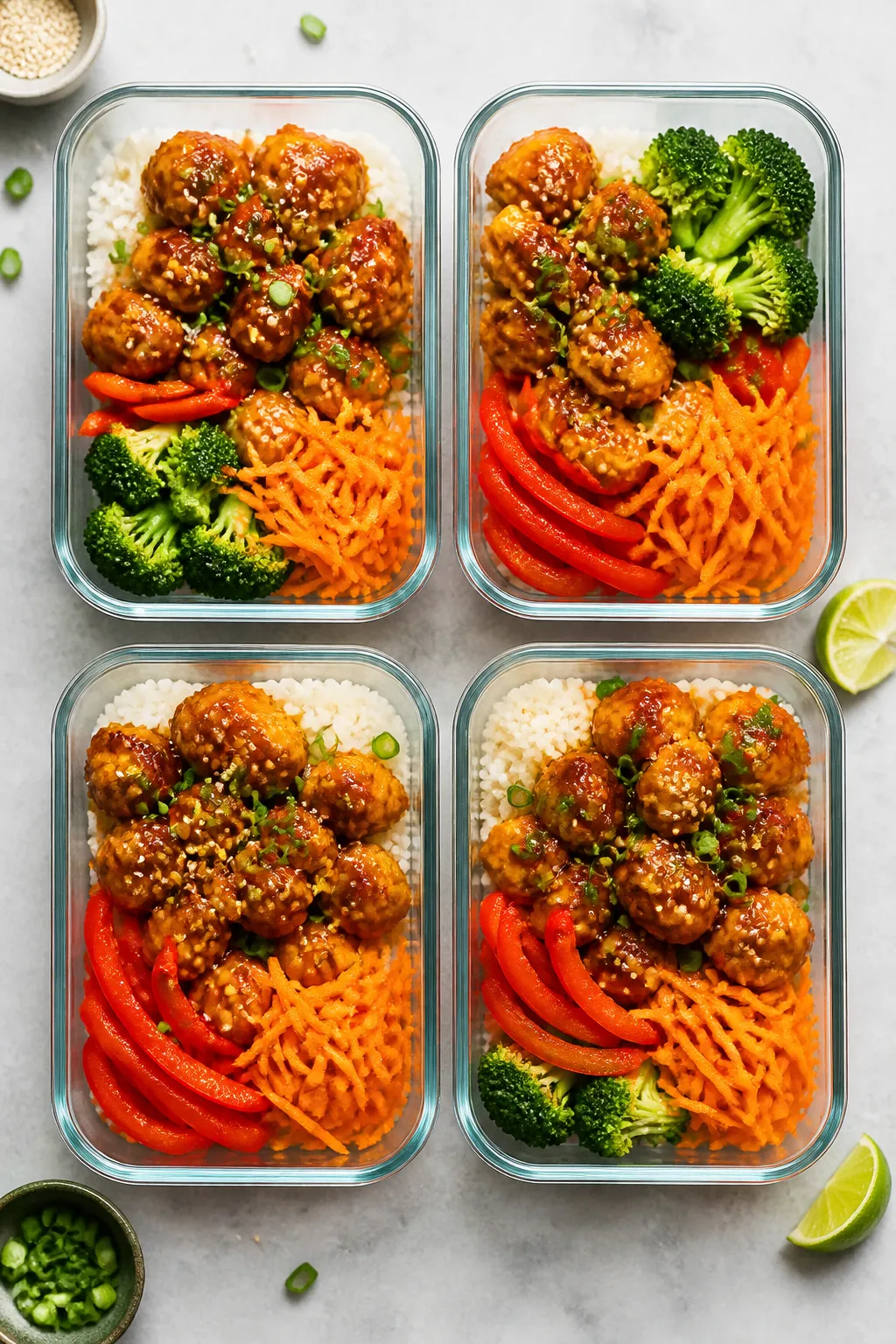 Tasty top view: Overhead shot of assembled meal prep bowls—fluffy jasmine rice topped with sweet c