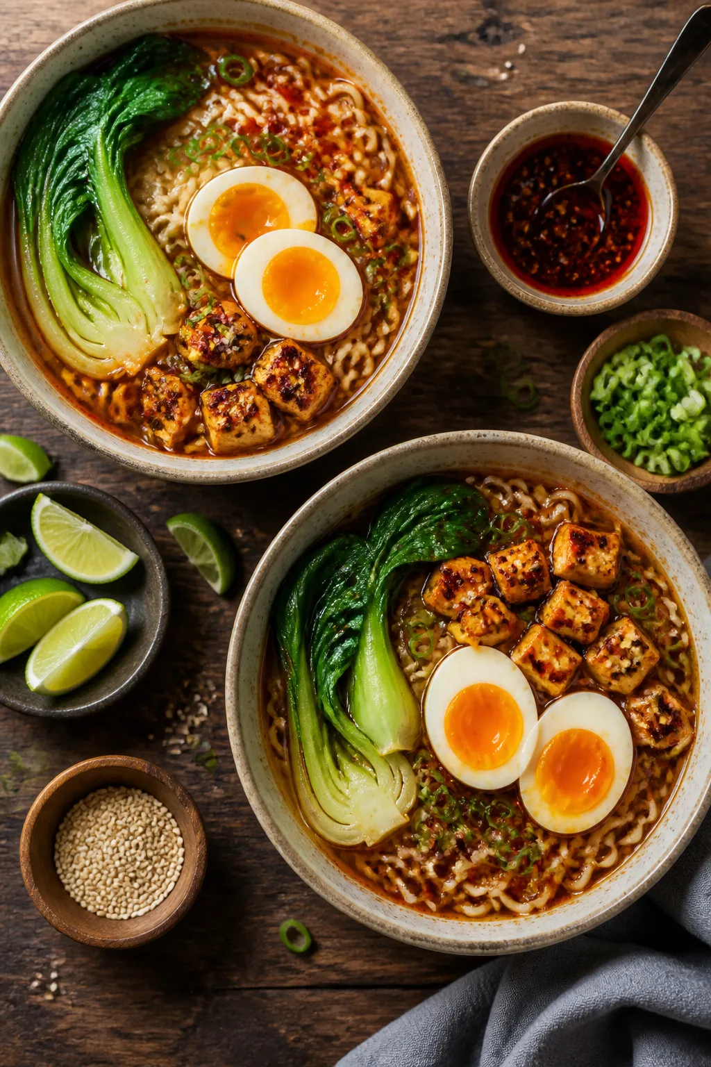 Tasty top view: Overhead shot of assembled ramen for two, noodles divided into bowls with clear, gli