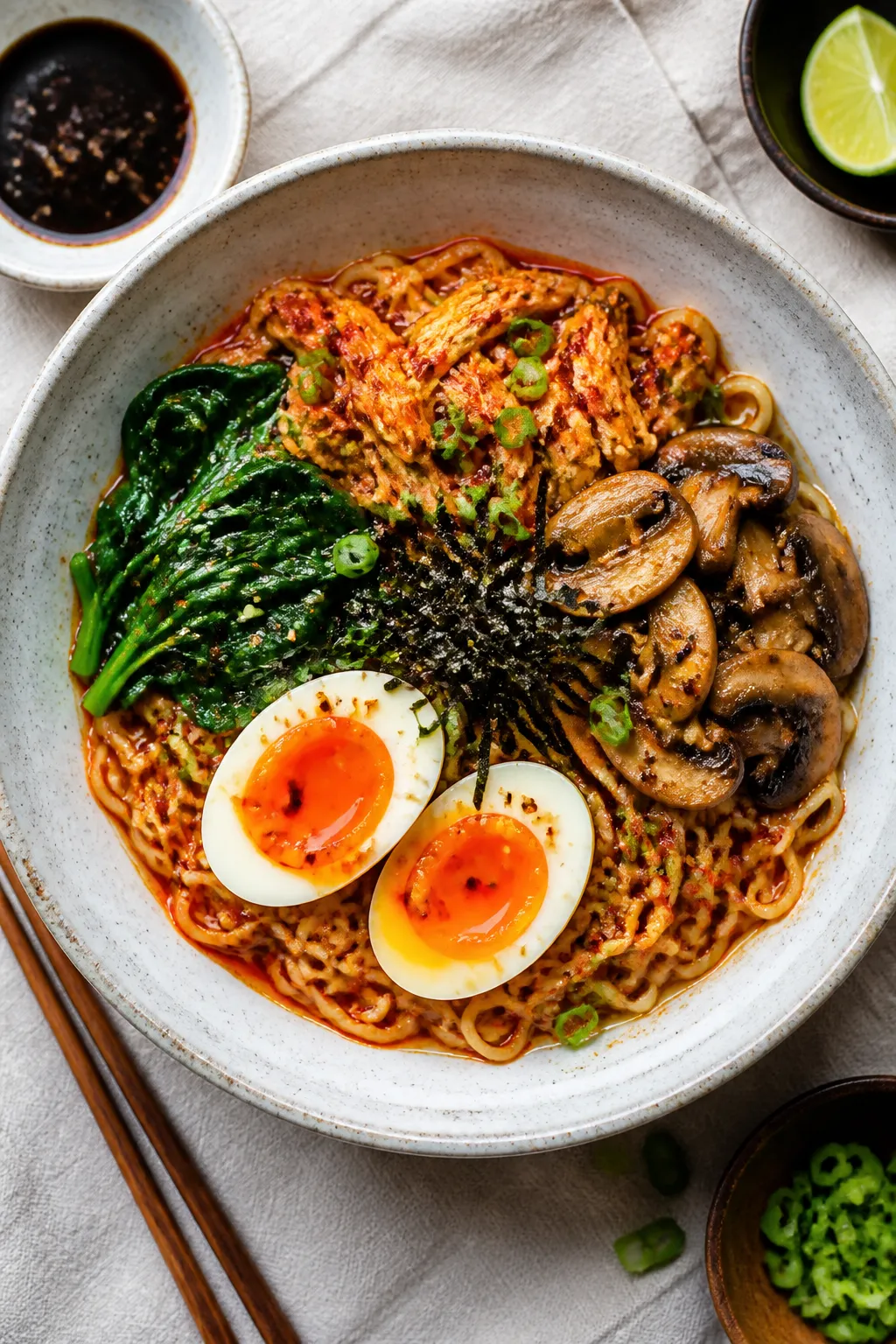 Tasty top view: Overhead shot of assembled Spicy Chicken Ramen Bowl—tangle of ramen noodles topped
