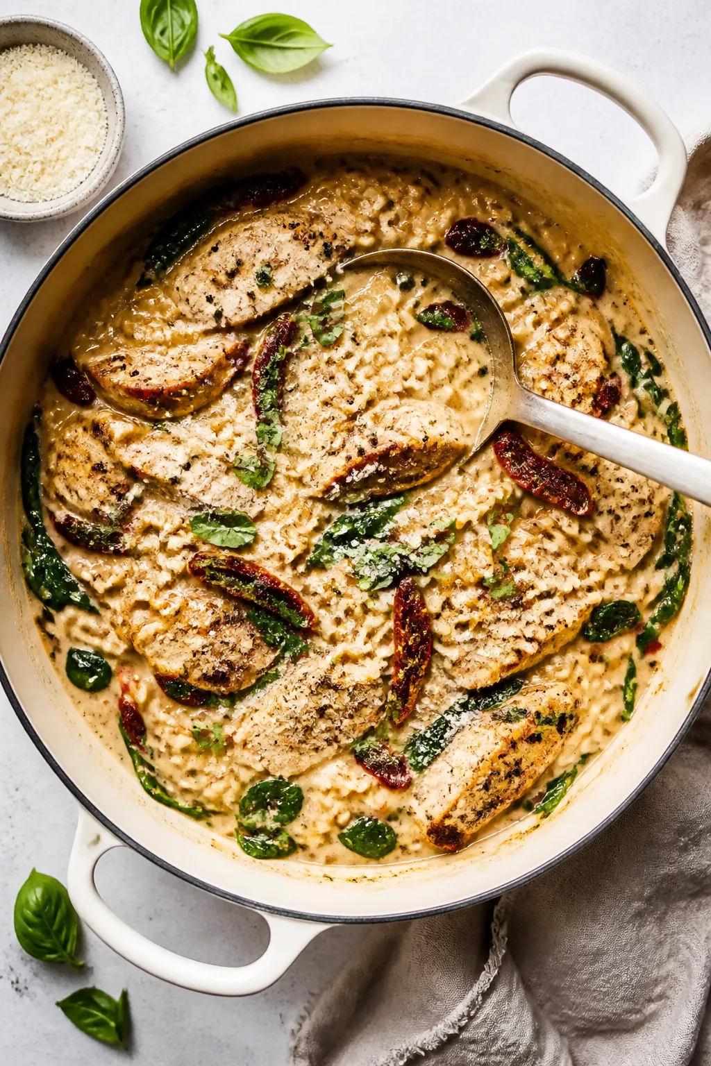 Tasty top view: Overhead shot of Creamy Tuscan Chicken Ramen just finished in the pot—silky ramen 