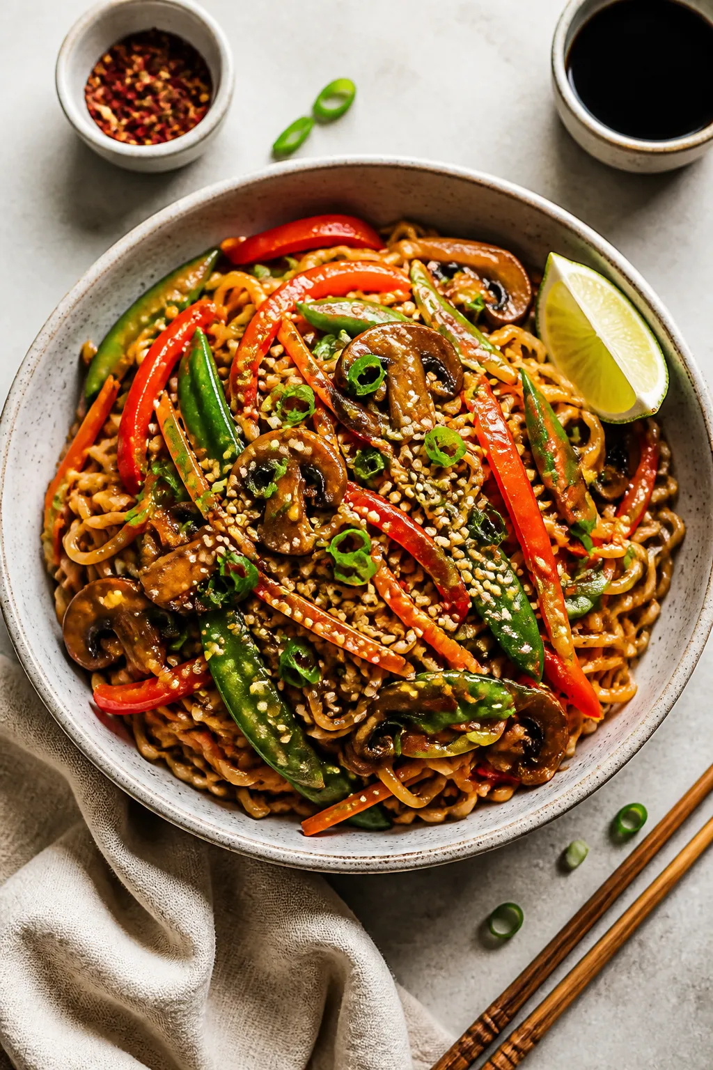Tasty top view: Overhead shot of Easy Ramen Lo Mein in a wide, shallow ceramic bowl; springy noodles