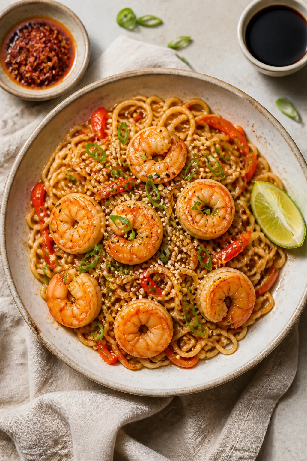 Tasty top view: Overhead shot of Easy Shrimp Ramen Stir Fry in a wide, shallow ceramic bowl. Noodles