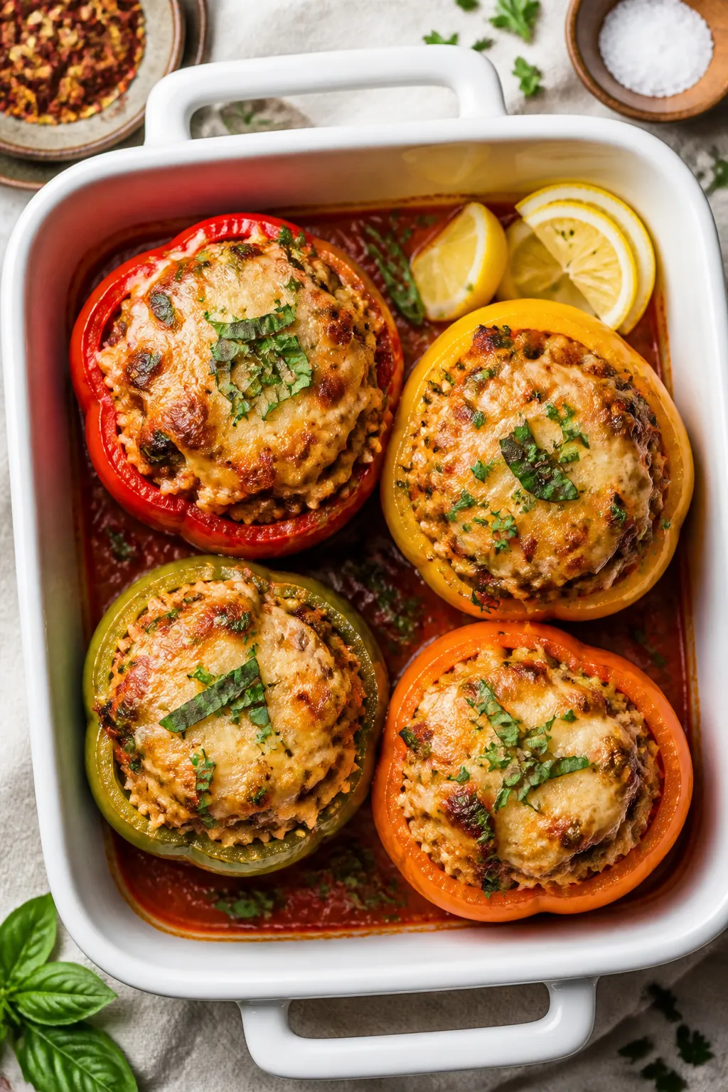 Tasty top view: Overhead shot of four colorful stuffed bell peppers (red, yellow, green, orange) sta