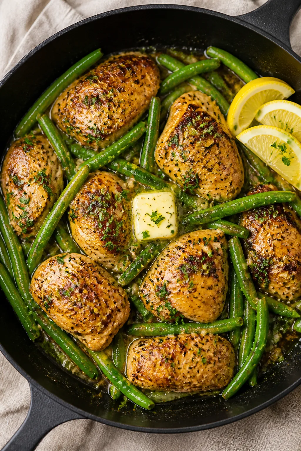 Tasty top view: Overhead shot of garlic butter chicken and green beans finished in the pan—juicy c