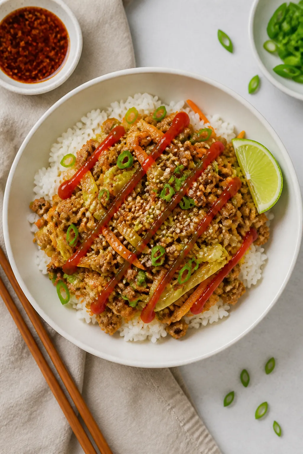 Tasty top view: Overhead shot of Ground Chicken Egg Roll in a Bowl served over fluffy jasmine rice i