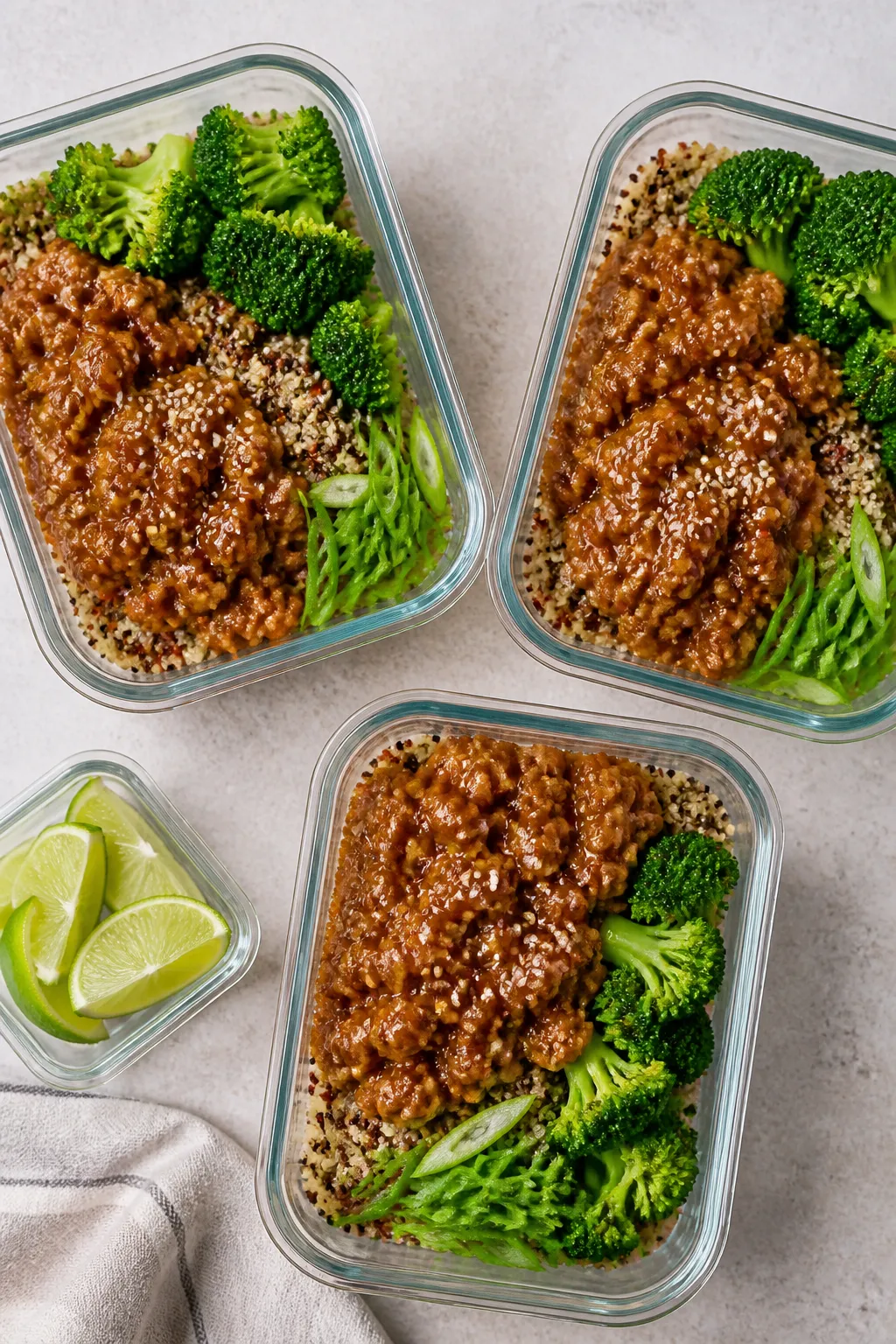 Tasty top view: Overhead shot of meal-prep containers filled with portions of sticky honey-garlic gr