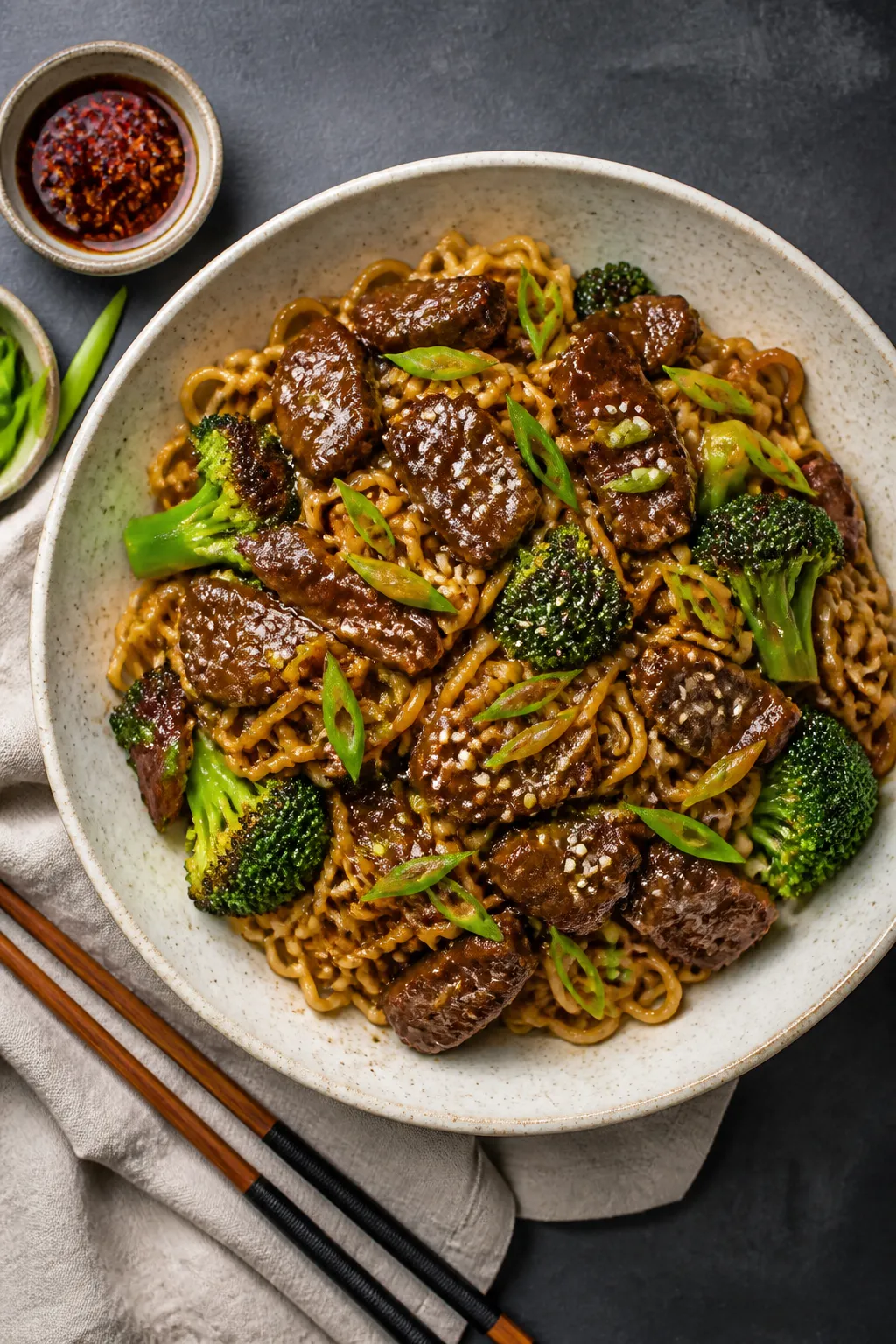 Tasty top view: Overhead shot of Mongolian Beef Ramen in a wide, shallow ceramic bowl—springy rame