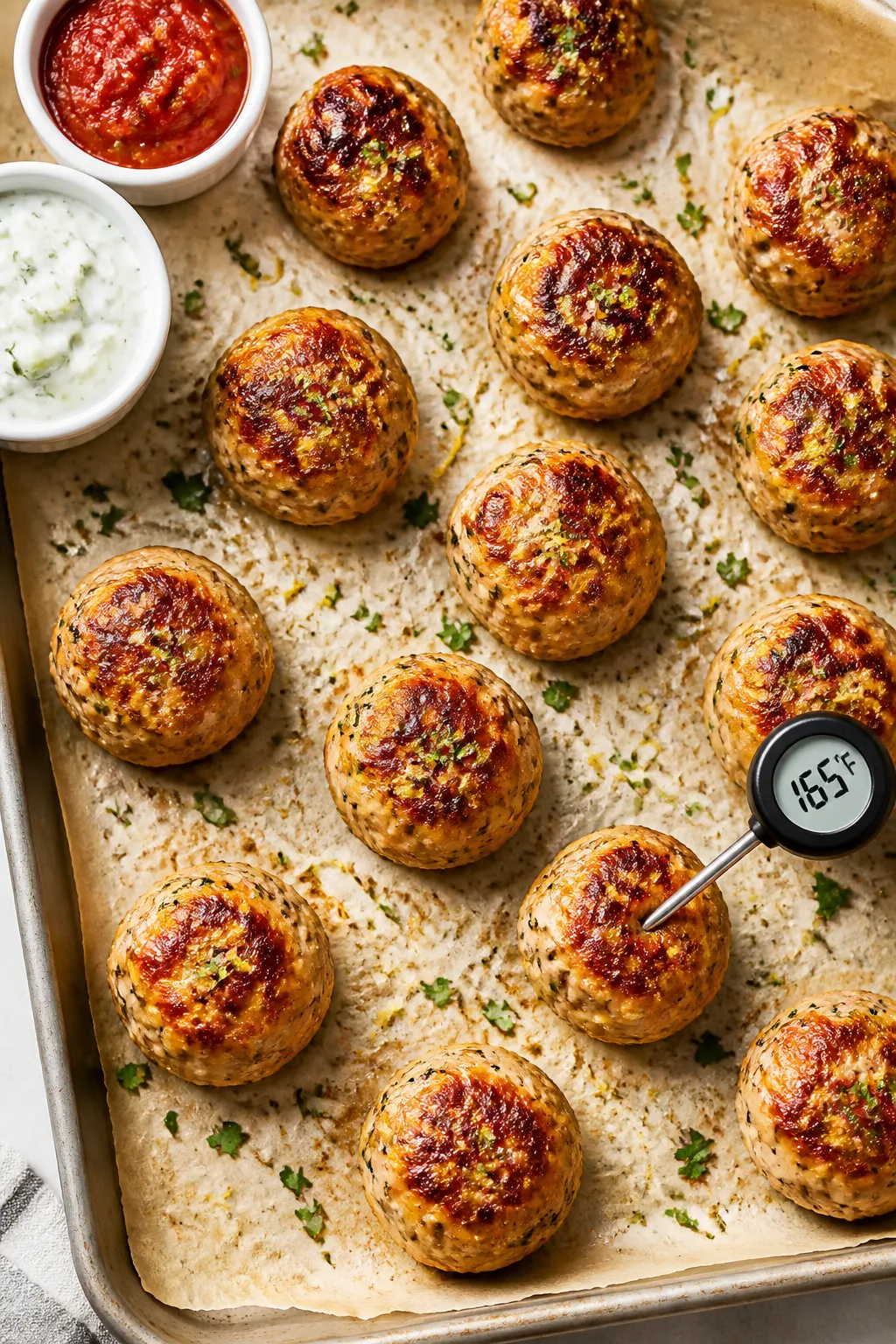 Tasty top view: Overhead shot of oven-baked chicken meatballs on a parchment-lined sheet pan just ou