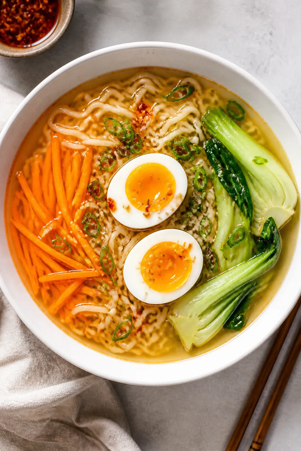 Tasty top view: Overhead shot of sesame ginger ramen assembled in a wide, white bowl—springy ramen