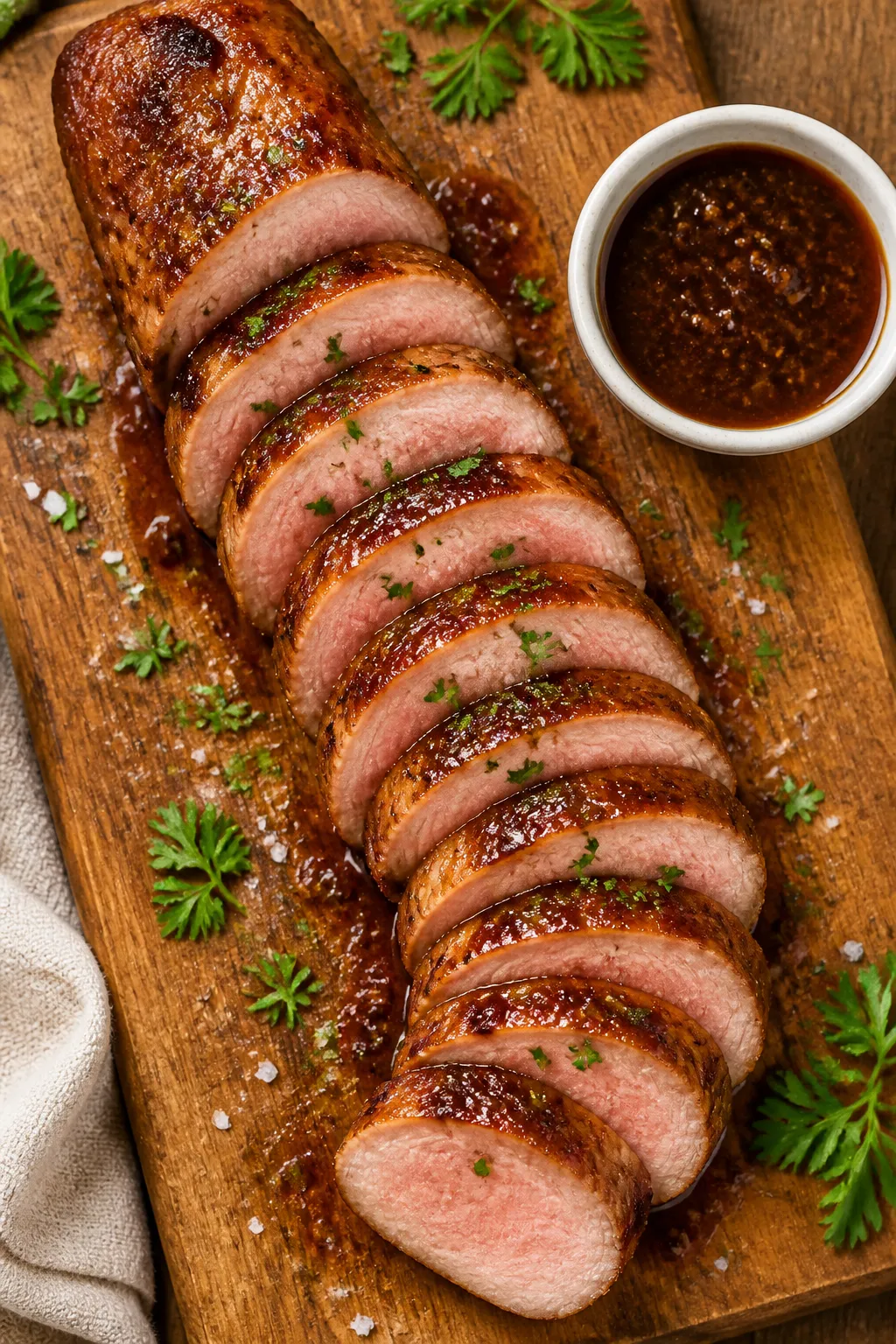 Tasty top view: Overhead shot of sliced brown sugar garlic pork tenderloin arranged in a neat fan on
