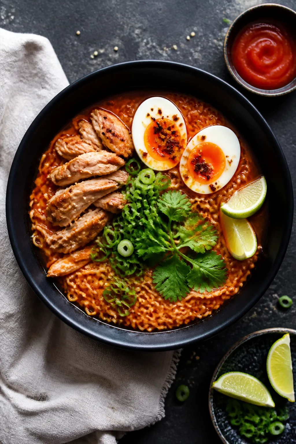 Tasty top view: Overhead shot of Spicy Sriracha Chicken Ramen in a matte black bowl—springy ramen