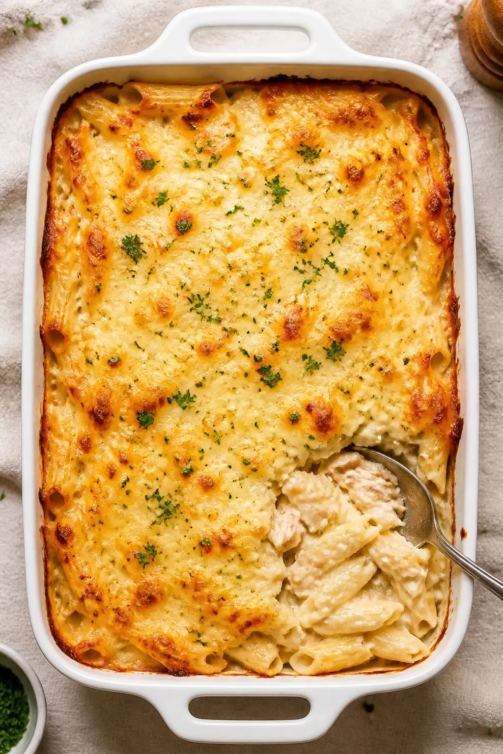 Tasty top view: Overhead shot of the assembled Rotisserie Chicken Alfredo Bake just out of the oven 