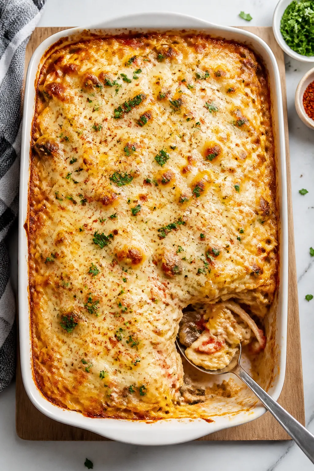 Tasty top view: Overhead shot of the baked chicken spaghetti casserole in a 9x13 dish, cheese lightl