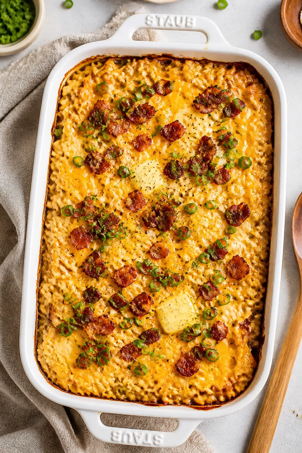 Tasty top view: Overhead shot of the baked Crack Chicken Ramen Casserole just out of the oven, chees