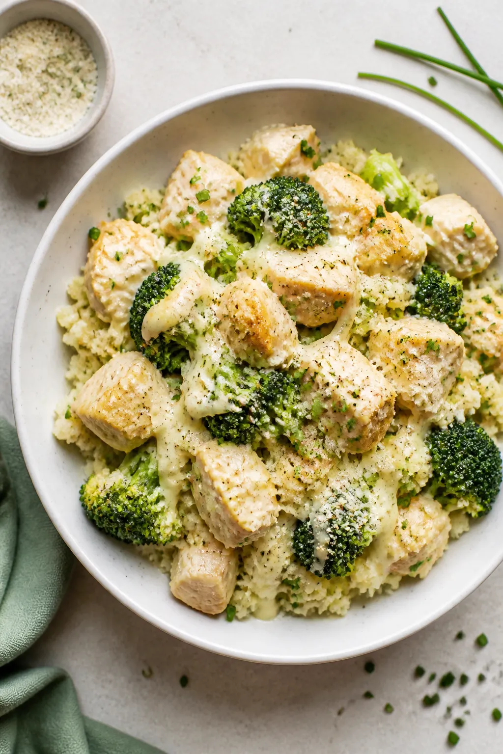 Tasty top-view: Overhead shot of the casserole scooped into a shallow white bowl, showing juicy chun