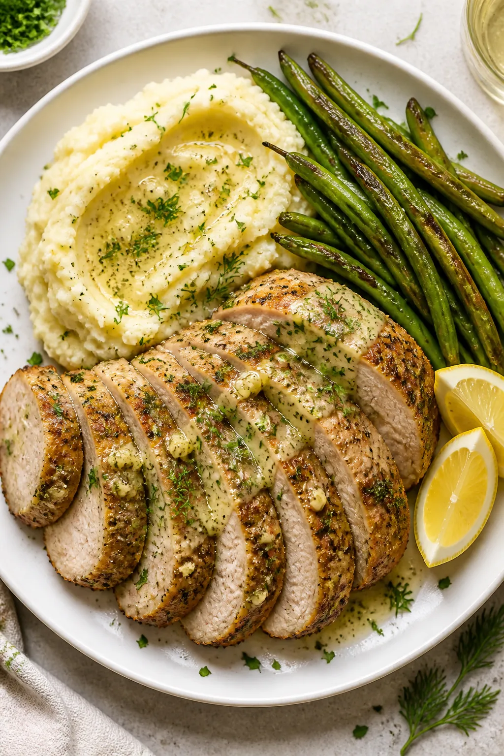 Tasty top view: Overhead shot of the final plated Garlic Butter Ranch Pork Tenderloin—neatly fanne