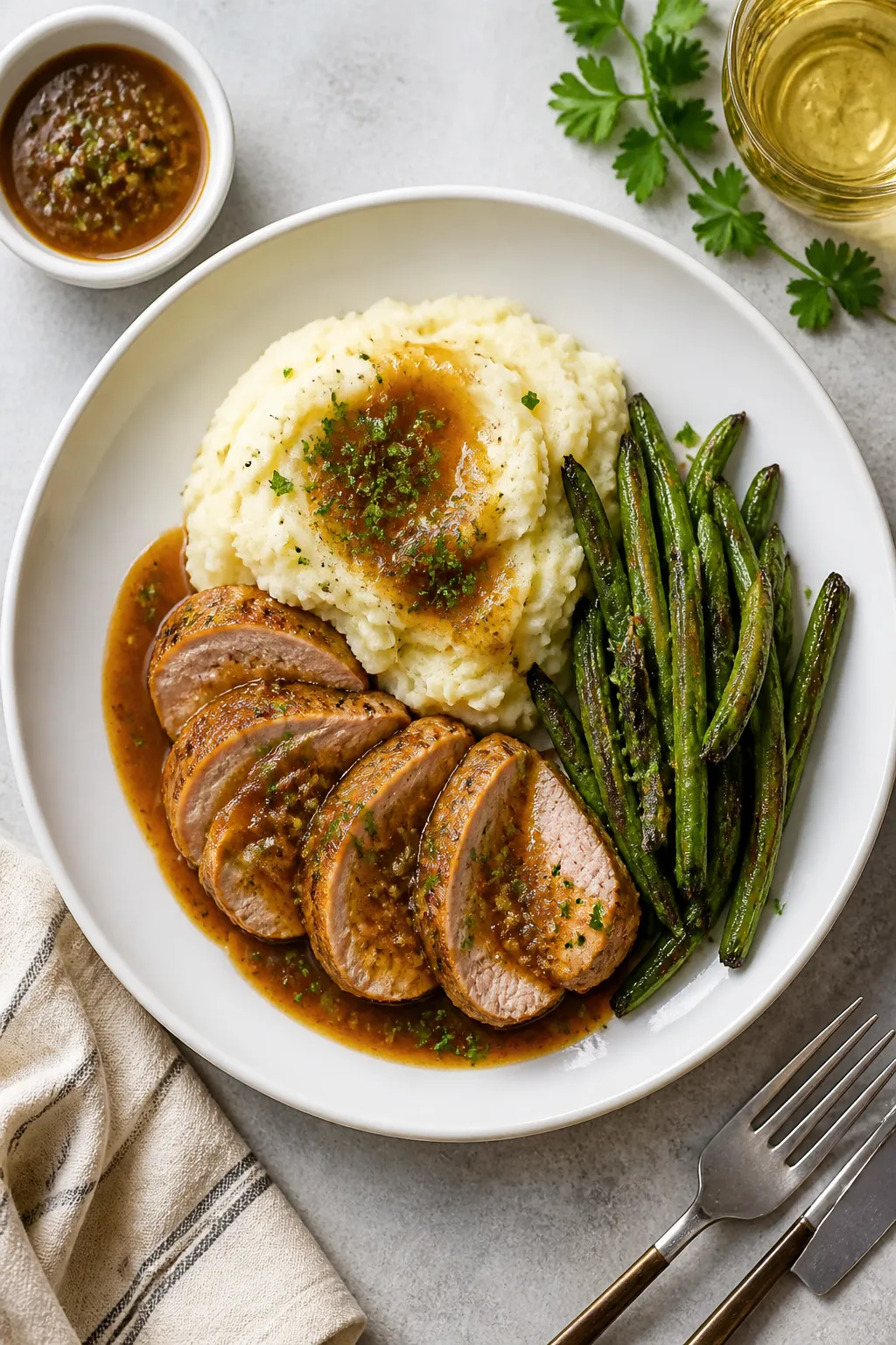 Tasty top view: Overhead shot of the final plated dish—half-inch pork medallions fanned on a white