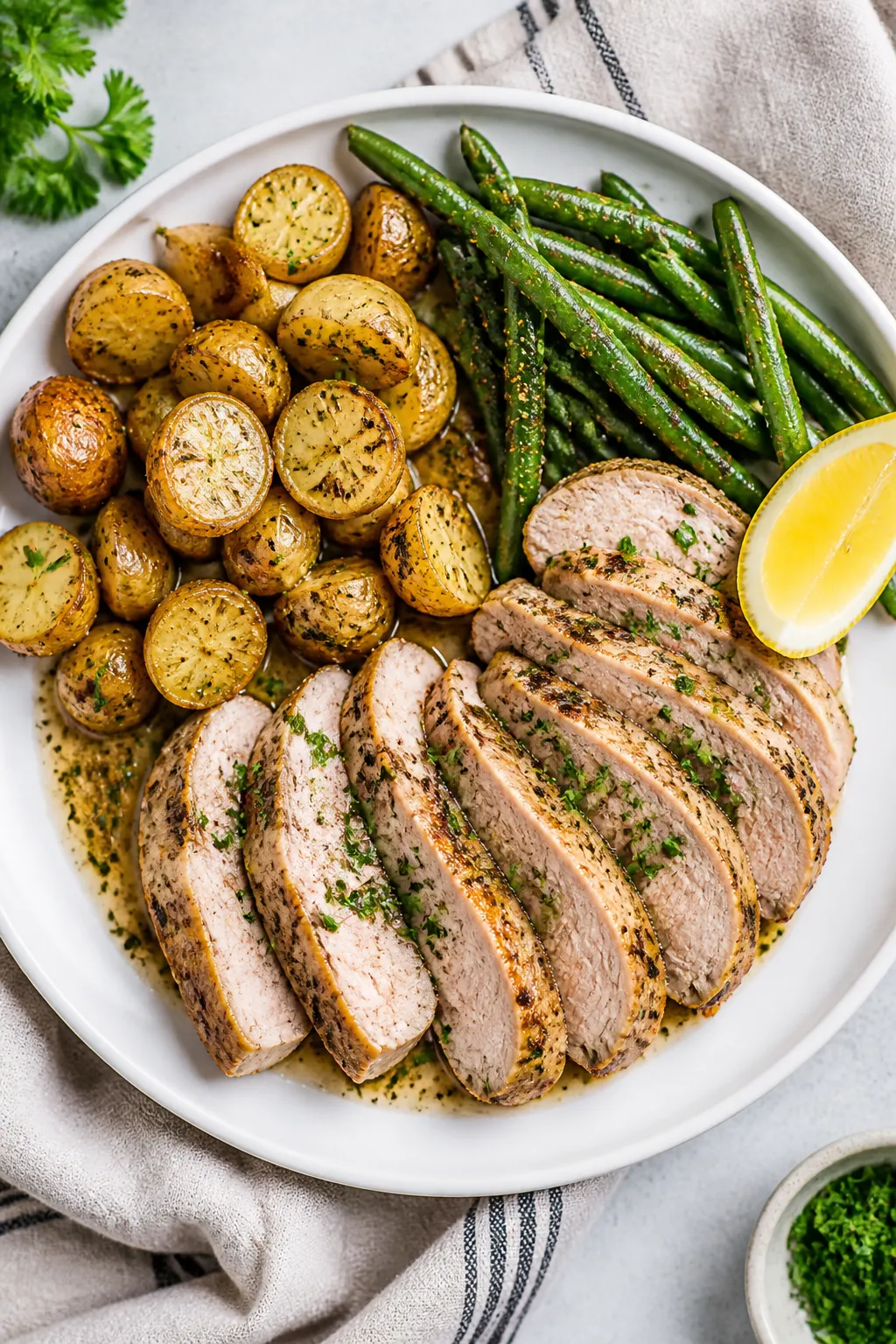 Tasty top view: Overhead shot of the final plated Ranch Pork Tenderloin dinner—fanned 1/2-inch sli