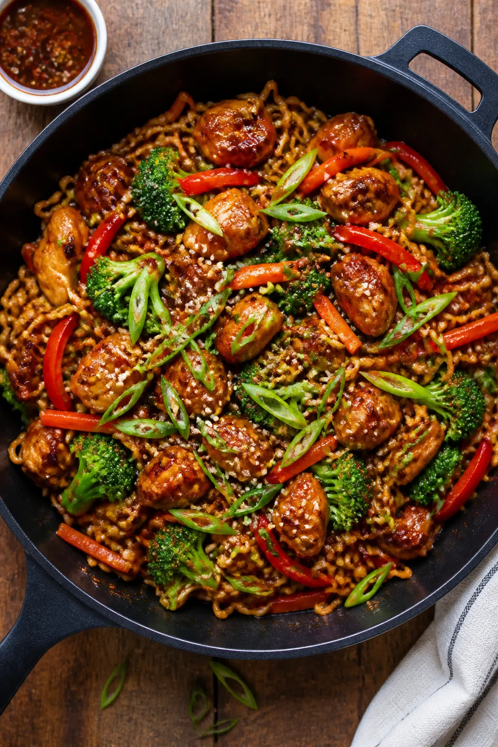 Tasty top view: Overhead shot of the finished Chicken Teriyaki Ramen Stir Fry in a wide, matte black