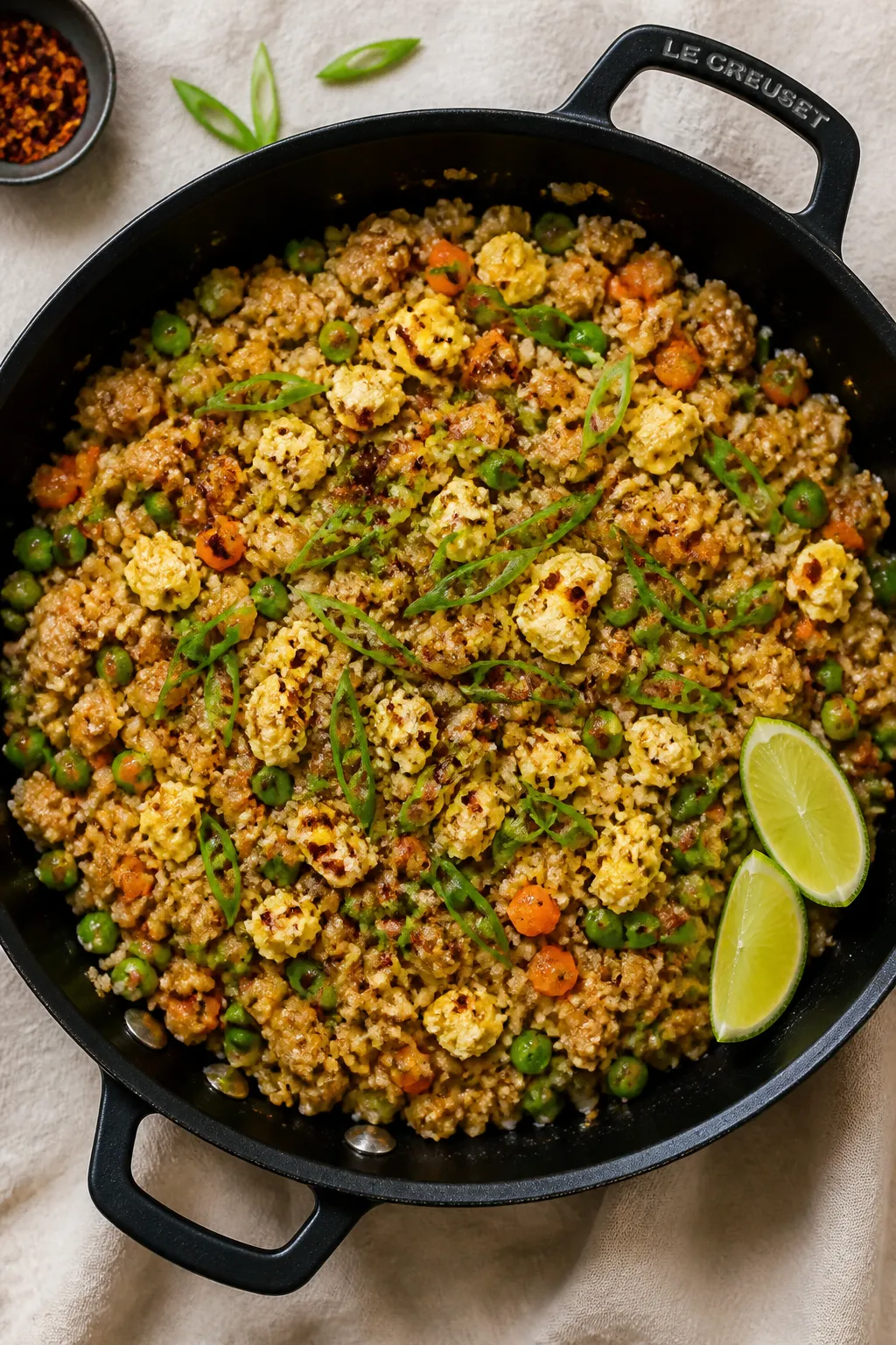 Tasty top view – Overhead shot of the finished Ground Chicken Cauliflower Fried Rice in a wide bla