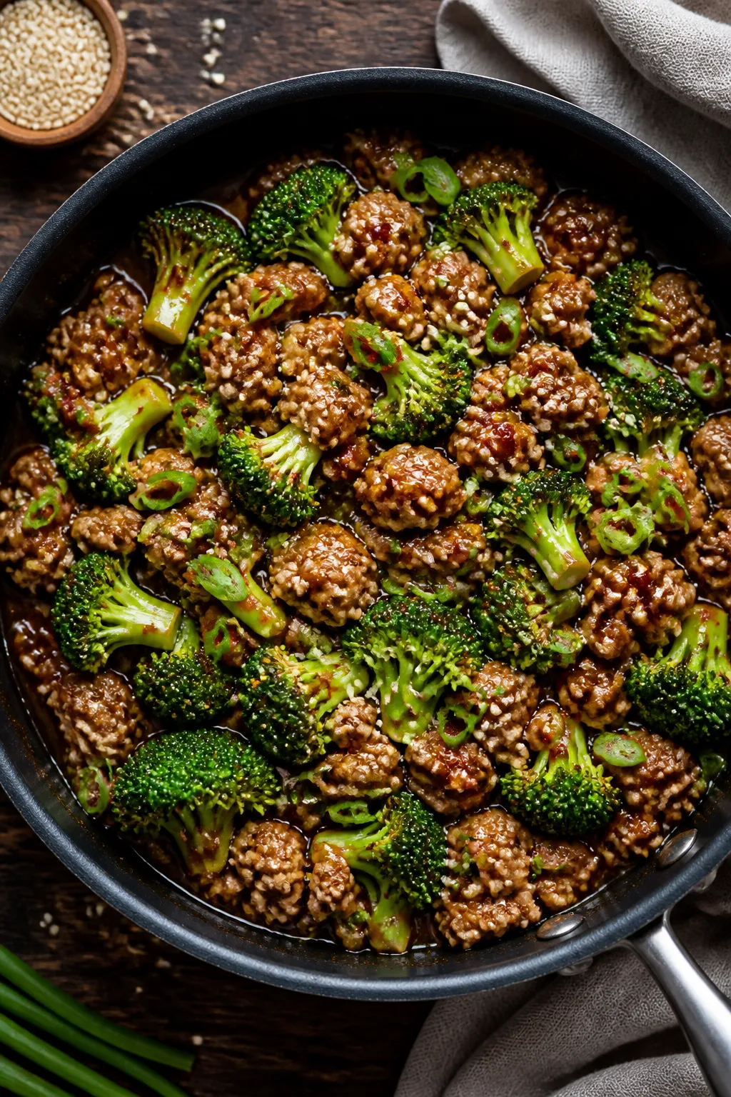 Tasty top view: Overhead shot of the finished Ground Chicken and Broccoli Skillet in-pan, glossy sav