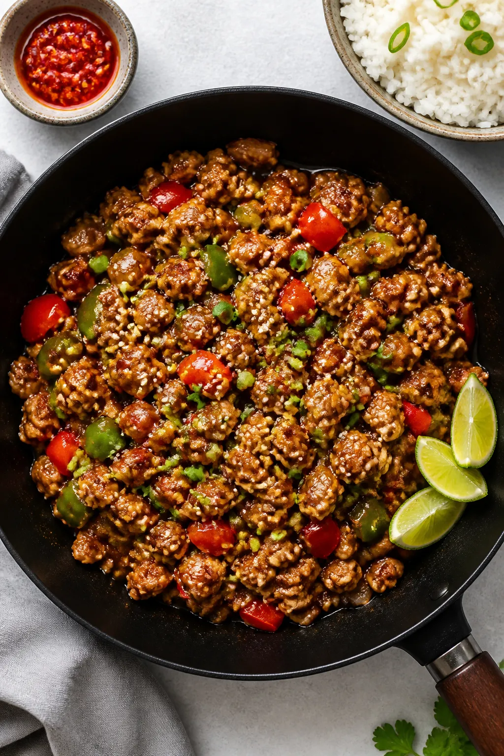 Tasty top view: Overhead shot of the finished ground chicken stir fry served family-style in a wide,
