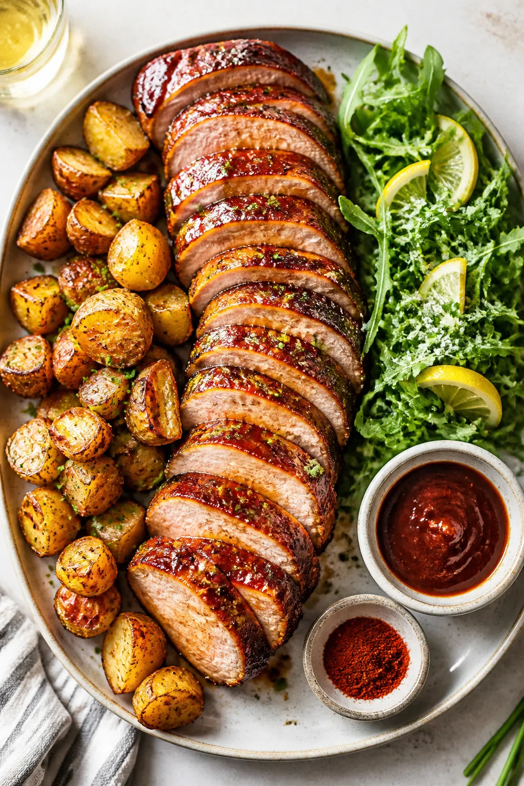Tasty top view: Overhead shot of the finished Honey BBQ Pork Tenderloin plated family-style—neatly