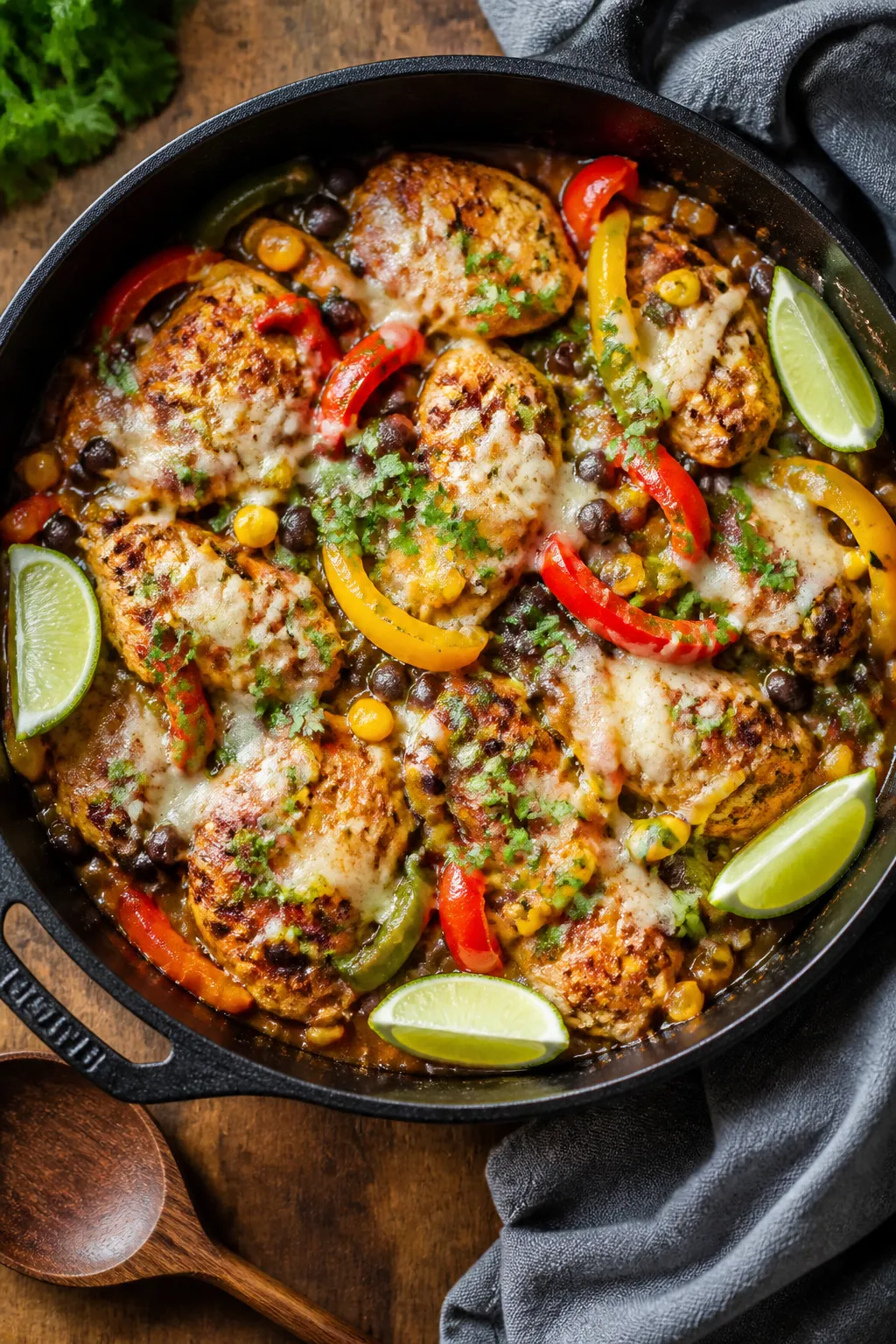 Tasty top view: Overhead shot of the finished one-pan Southwest chicken dinner in a wide cast-iron s