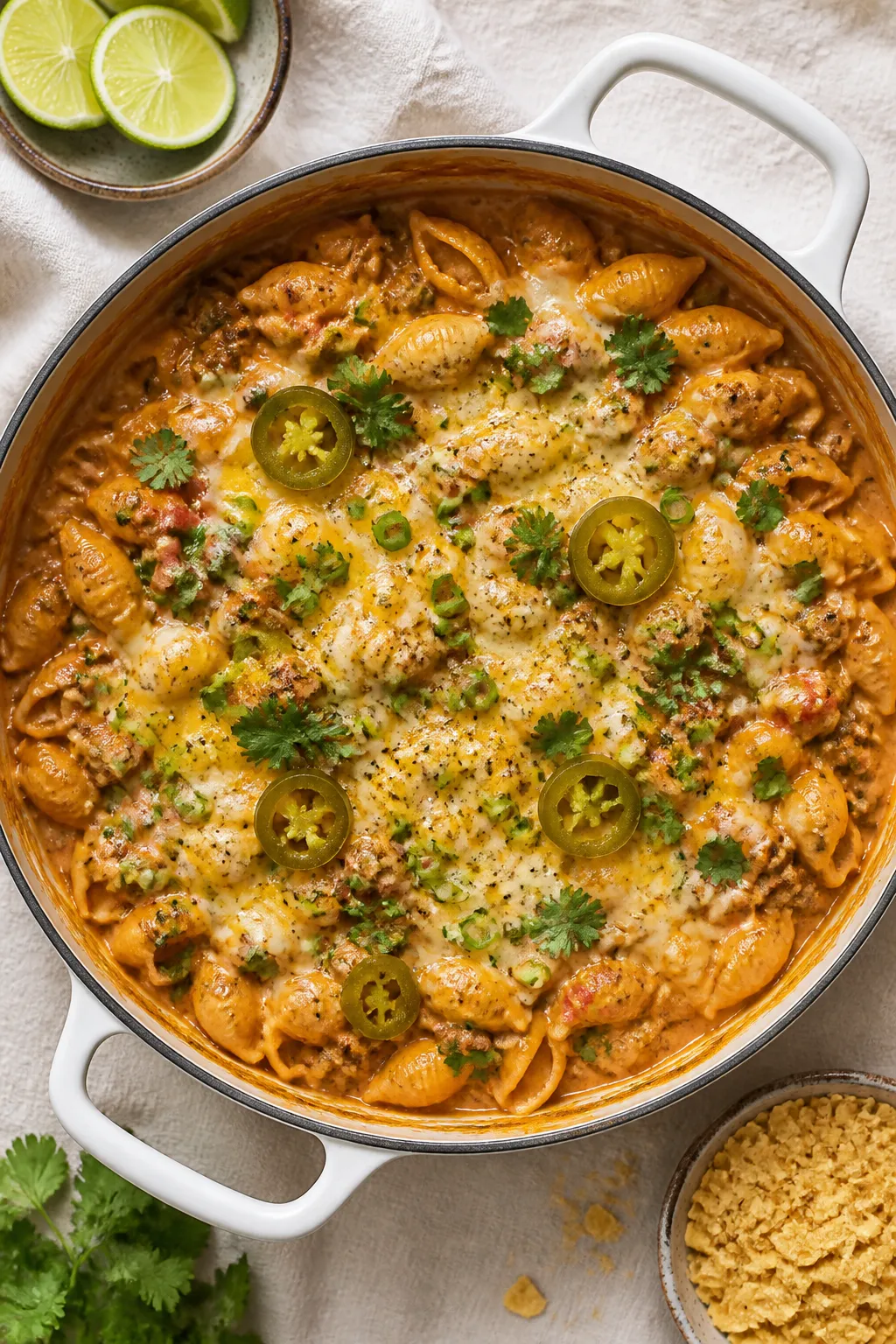 Tasty top view: Overhead shot of the finished one-pot taco pasta in the pot, cheese just melted and 