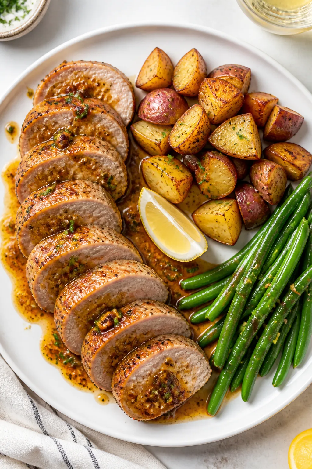 Tasty top view: Overhead shot of the finished pork tenderloin plated as a weeknight-meets-restaurant