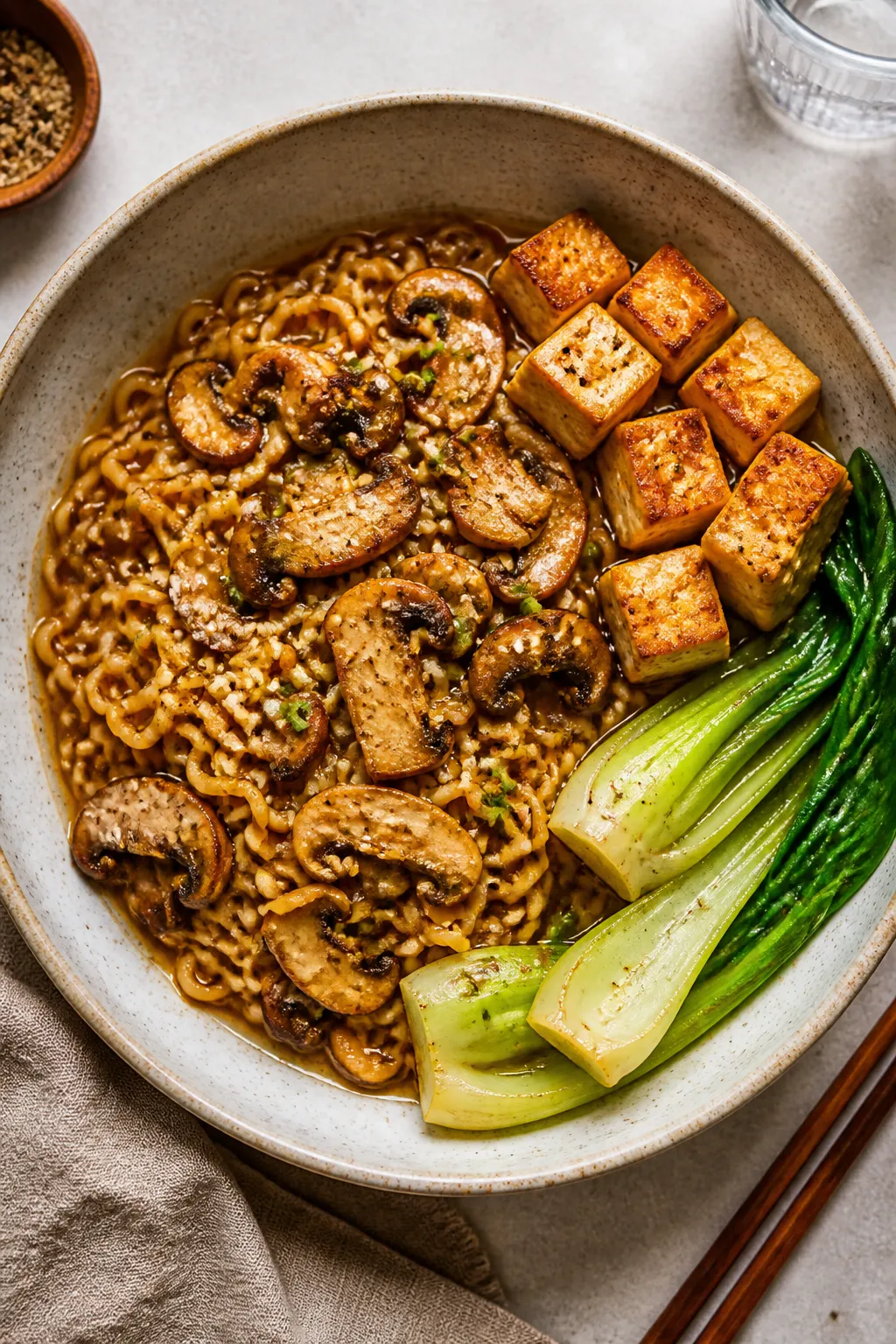Tasty top view: Overhead shot of the finished ramen noodles in a wide shallow bowl, showing even coa