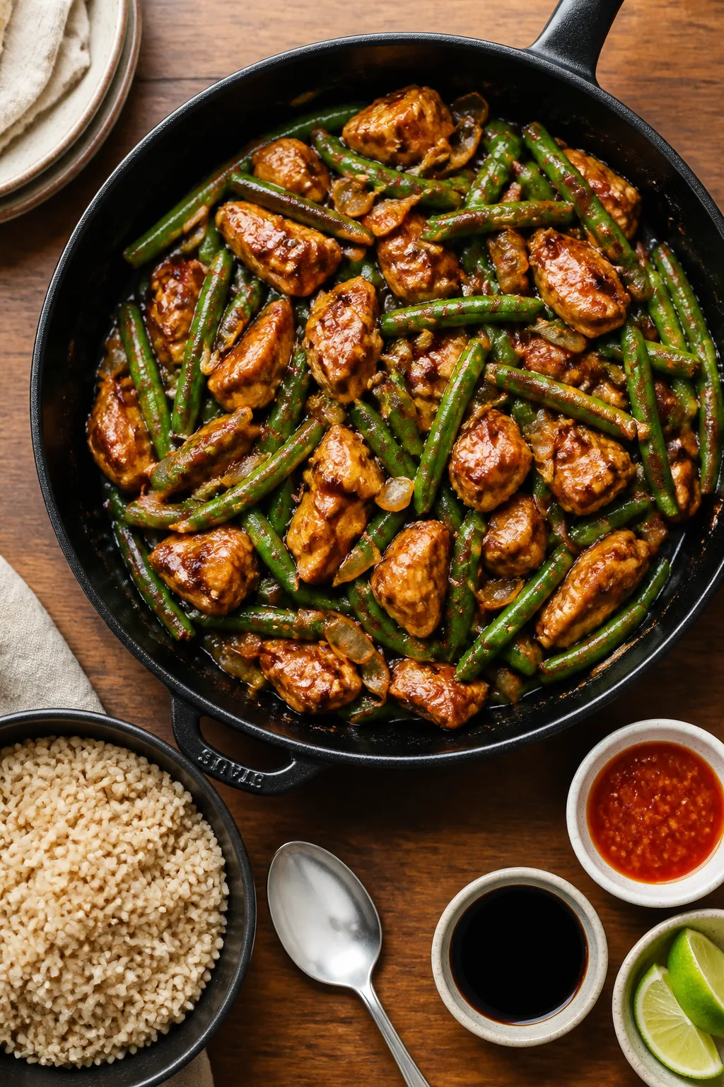 Tasty top view: Overhead shot of the finished stir fry served family-style in a large black skillet,