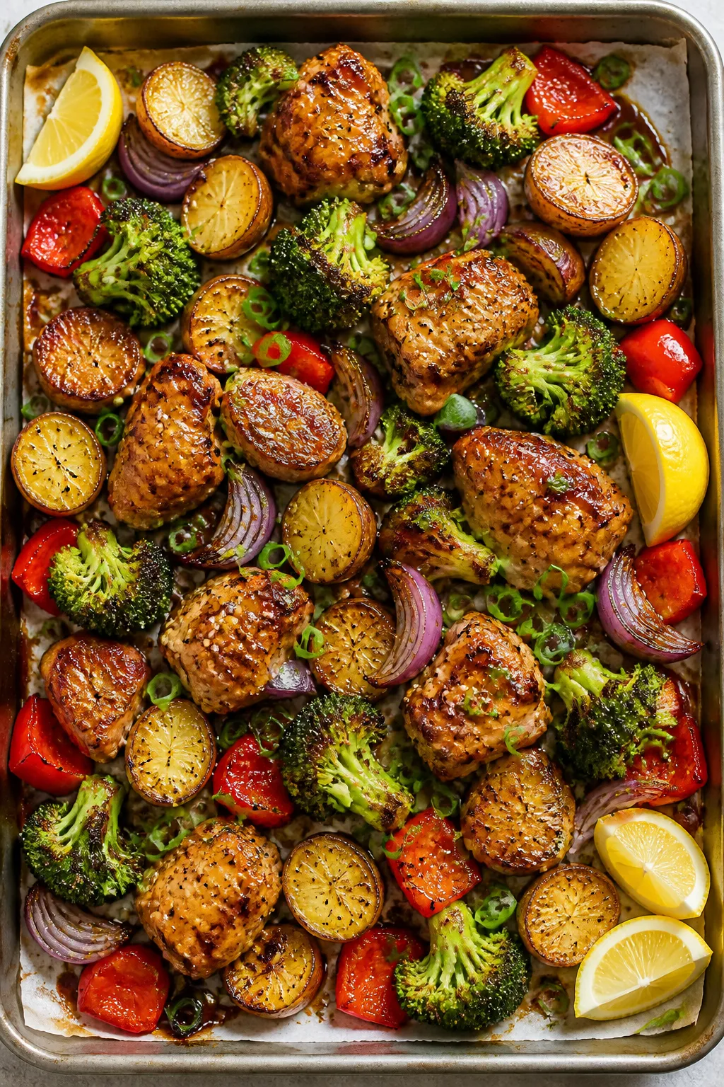 Tasty top view: Overhead shot of the one-pan honey garlic chicken and vegetables on a parchment-line