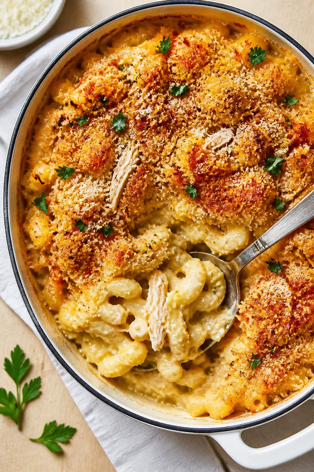 Tasty top view: Overhead shot of the optional baked version—broiler-finished mac and cheese in a s